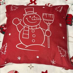 Cheerful Snowman Red Holiday Pillow